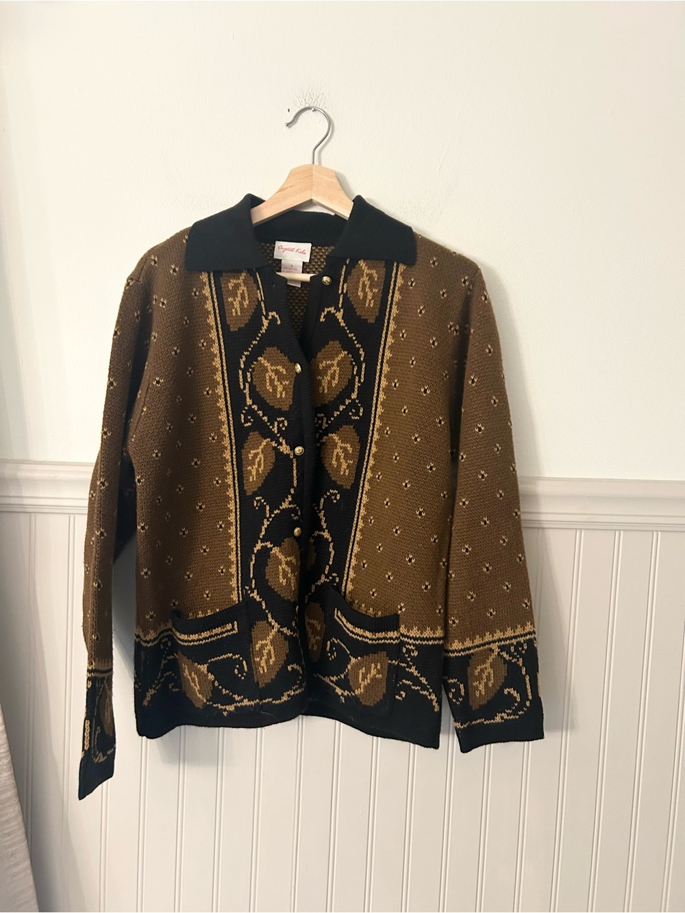 Vintage Crystal Kobe Small Brown Black Collared Cardigan Sweater with Pockets